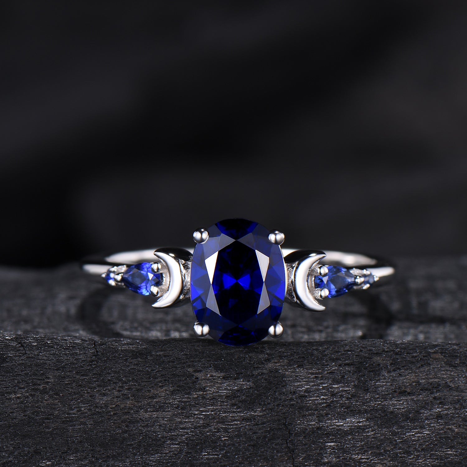 1.5 Carat oval blue sapphire engagement ring set vintage five stone moon engagement ring Elegant white gold pear sapphire wedding ring set - PENFINE