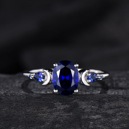1.5 Carat oval blue sapphire engagement ring set vintage five stone moon engagement ring Elegant white gold pear sapphire wedding ring set - PENFINE