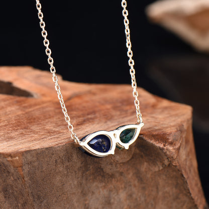 Teardrop Sapphire Emerald Yellow Gold Necklace, Toi et Moi Pendant