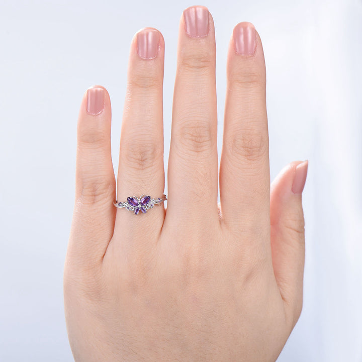 Vintage Butterfly Amethyst Engagement Ring Unique marquise cut purple amethyst silver white gold flower promise ring anniversary gift women - PENFINE