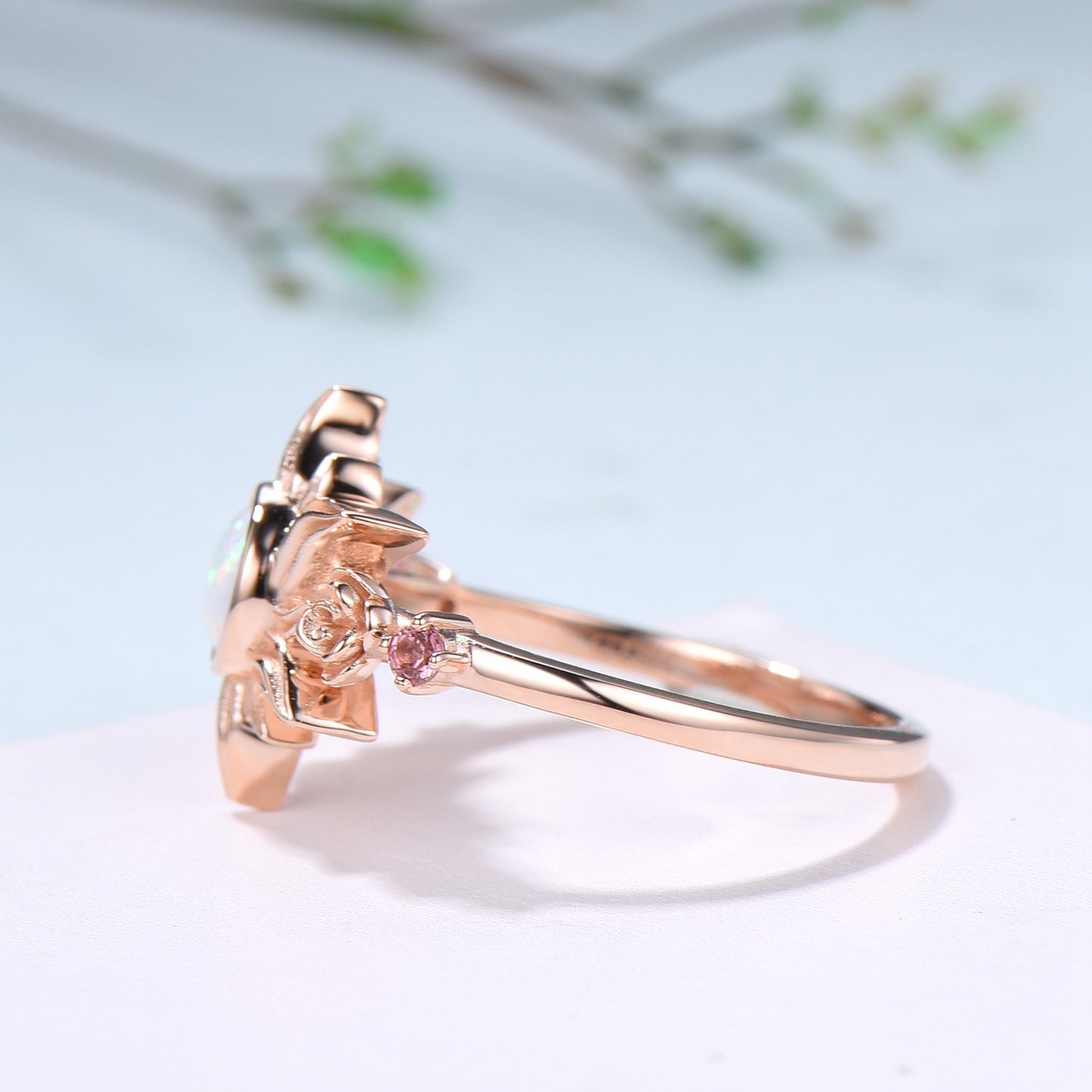 Sunflower ring round fire opal engagement ring nature inspired pink tourmaline wedding ring vintage flower anniversary promise ring for wife - PENFINE