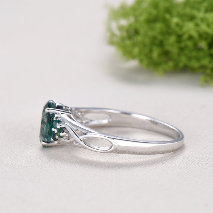 Celtic Knot Oval Natural Moss Agate Engagement Ring Solid 14K/18K White Gold Unique Infinity Ring Cluster Wedding Ring Anniversary gifts