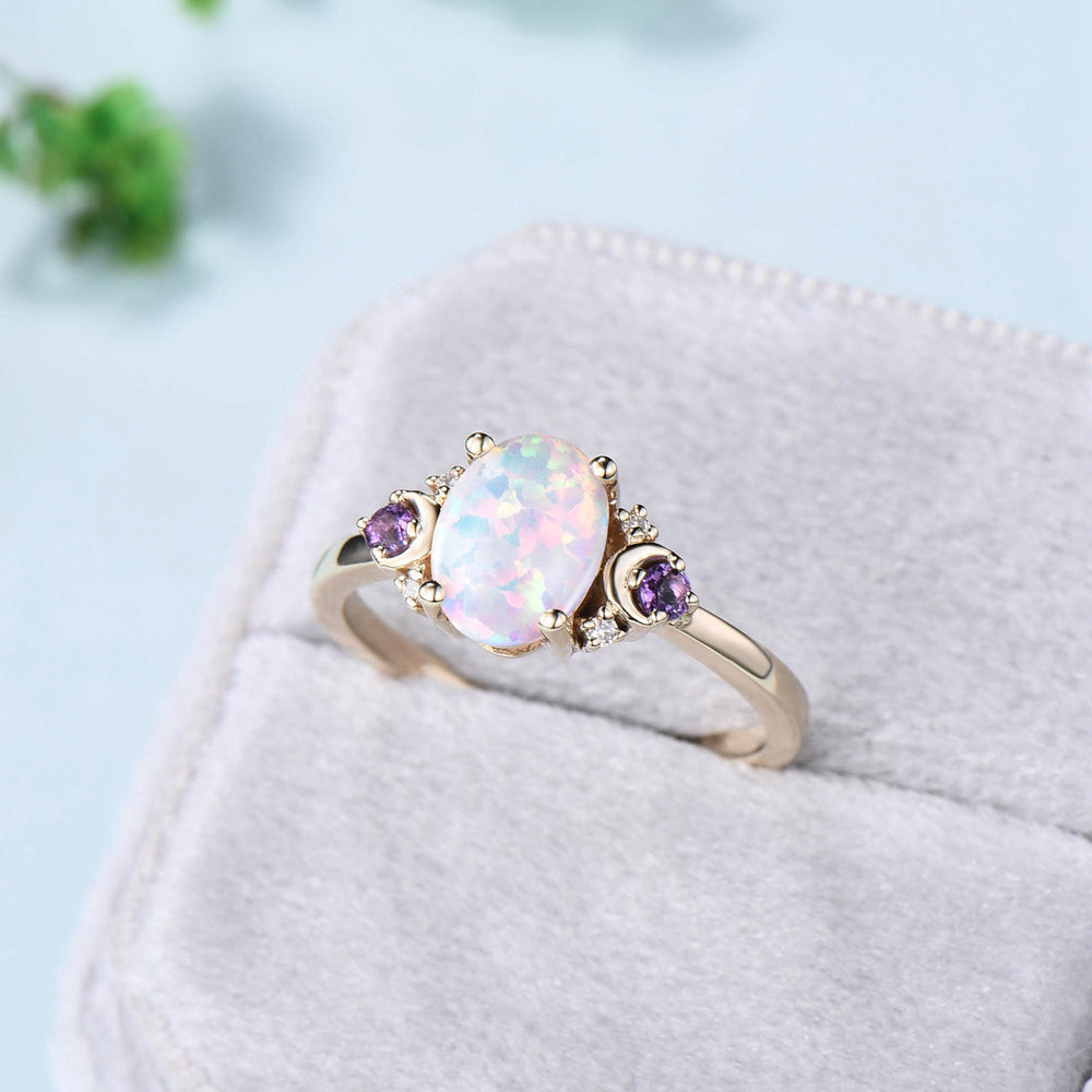 Vintage Opal Engagement Ring Rose Gold Unique Nature Inspired Moon Amethyst Ring Unique Alternative October birthstone Wedding Ring Women - PENFINE