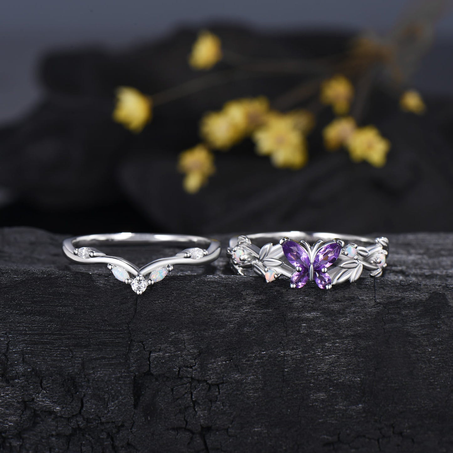 Nature inspired amethyst engagement ring set Twig leaf vine butterfly wedding set rose gold opal moissanite stacking bridal ring set women