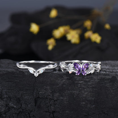 Nature inspired amethyst engagement ring set Twig leaf vine butterfly wedding set rose gold opal moissanite stacking bridal ring set women