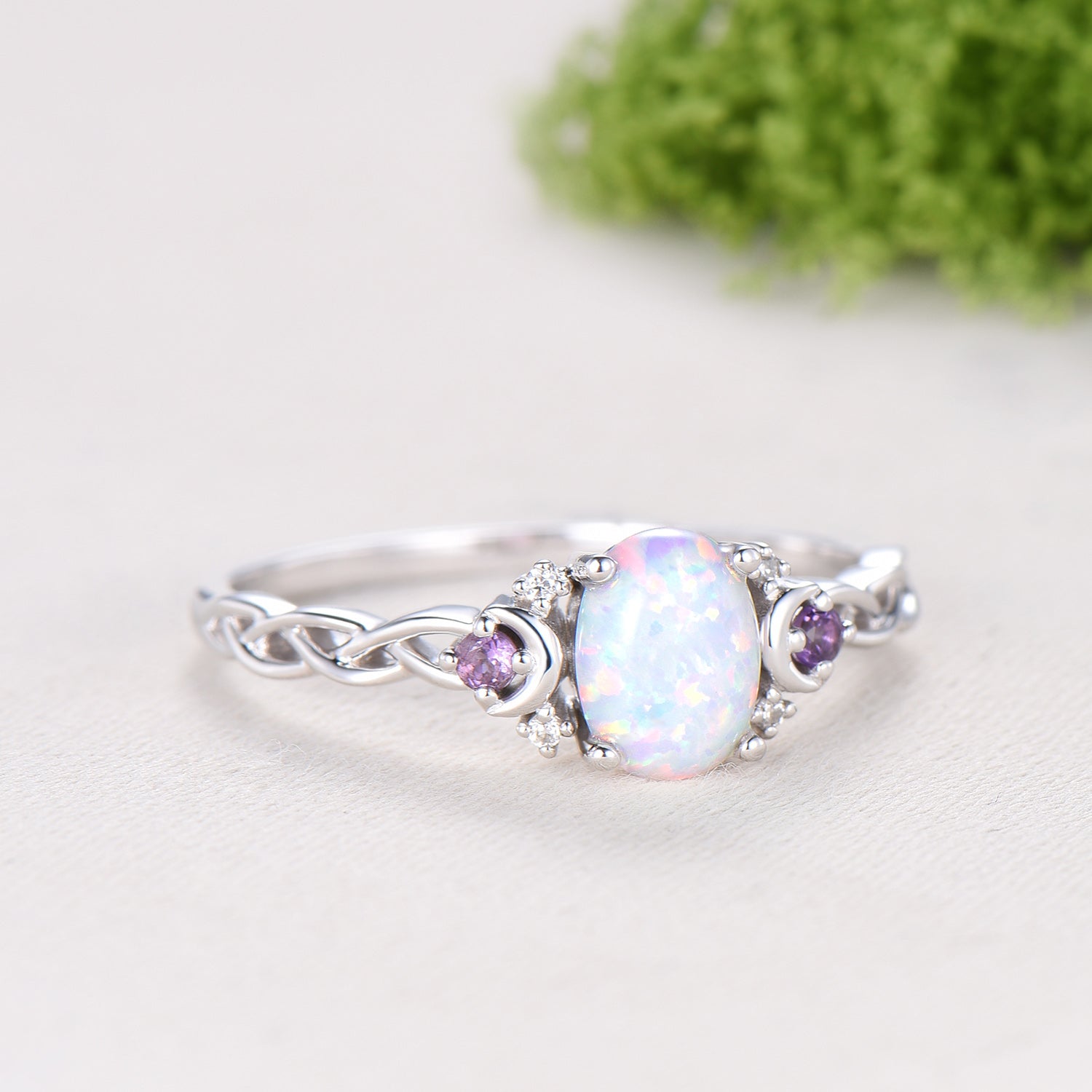 Norse Viking Opal Ring 1.5 Carat Oval Opal Moon Engagement Ring Cluster Amethyst Moissanite Wedding Band Alternative October Birthstone Gift