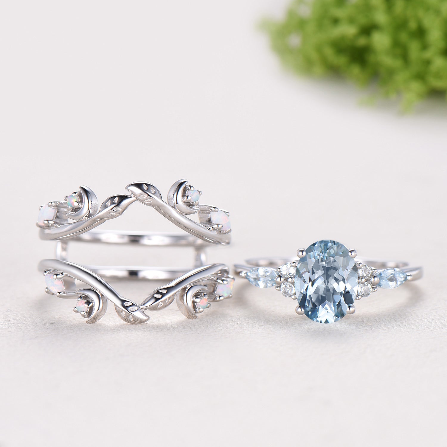 Vintage Oval Aquamarine Engagement Ring Set Leaf Bine Aquamarine Wedding Ring March Birthstone Double Curved Moon Opal Twig Bridal Set women