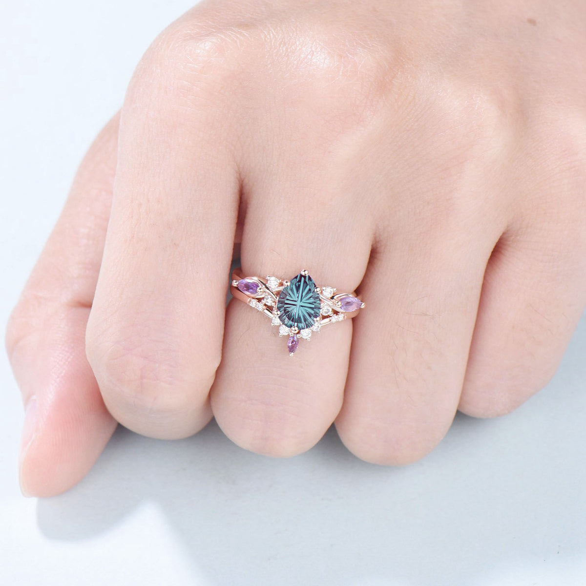 Pear Shaped Fantasy Cut Color-change Alexandrite Wedding Ring Amethyst Diamond Bridal Set