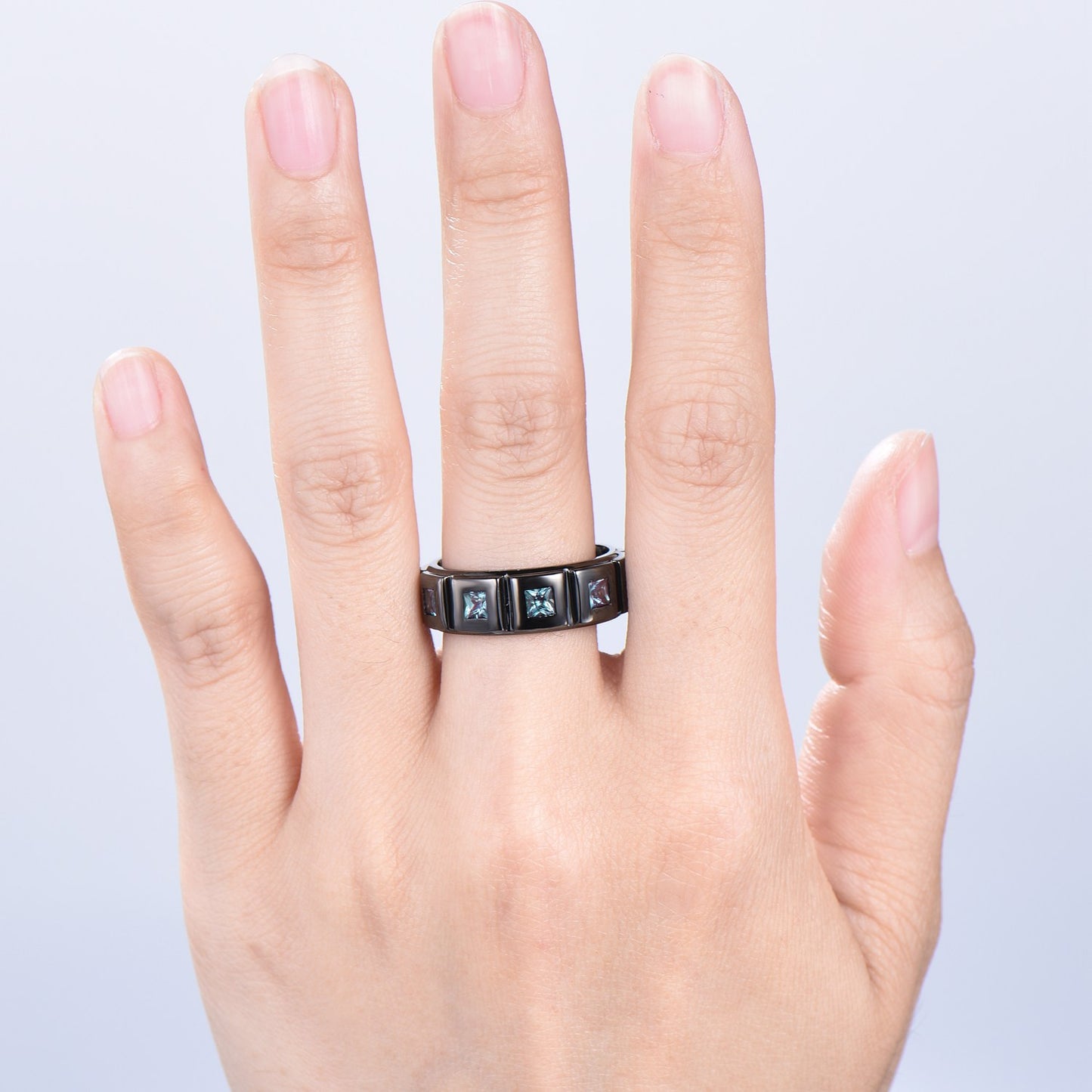 Black Gold Brushed Finish Mens Wedding Band Unisex Frame Princess Cut Alexandrite Men's Wedding Ring Anniversary Stacking Matching Band Gift - PENFINE