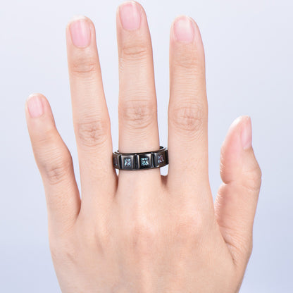 Black Gold Brushed Finish Mens Wedding Band Unisex Frame Princess Cut Alexandrite Men's Wedding Ring Anniversary Stacking Matching Band Gift - PENFINE
