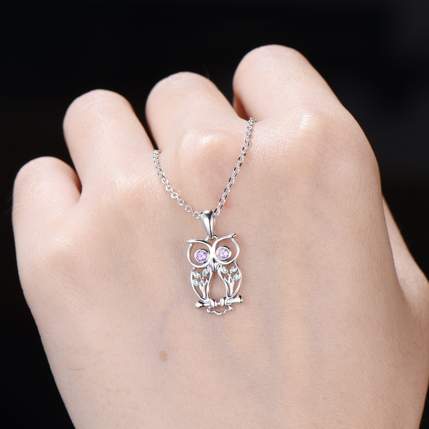 Elegant Owl Pendant Necklace Animal Inspired Amethyst Emerald Pendant Necklace Silver Yellow Gold Emerald Hollow Night Owl Anniversary Gift - PENFINE
