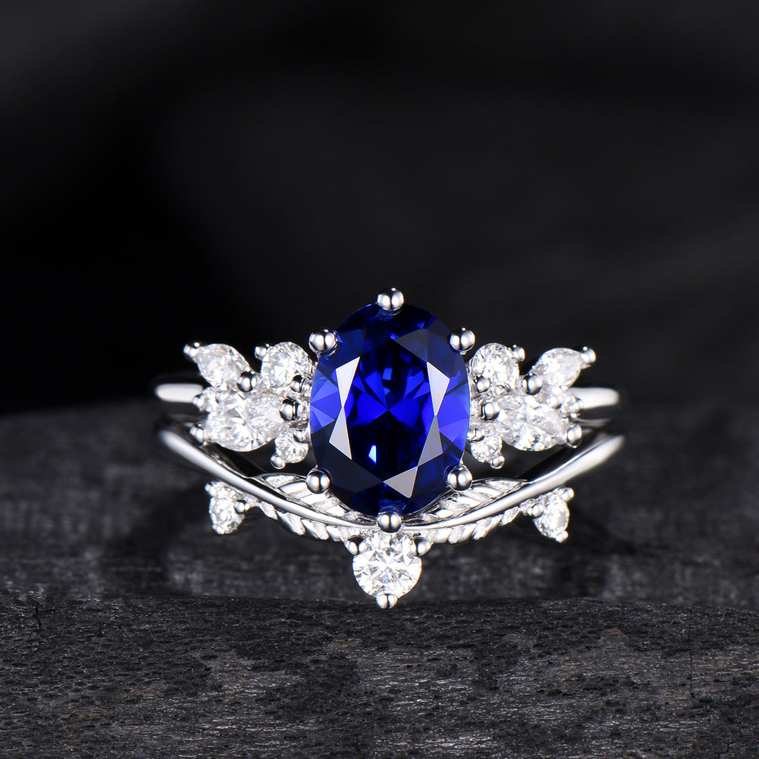 Oval Sapphire Wedding Ring Set Rose Gold Sapphire Diamond Engagement Ring Set Vintage Leaf Stacking Ring Natural Inspired Promise Ring - PENFINE