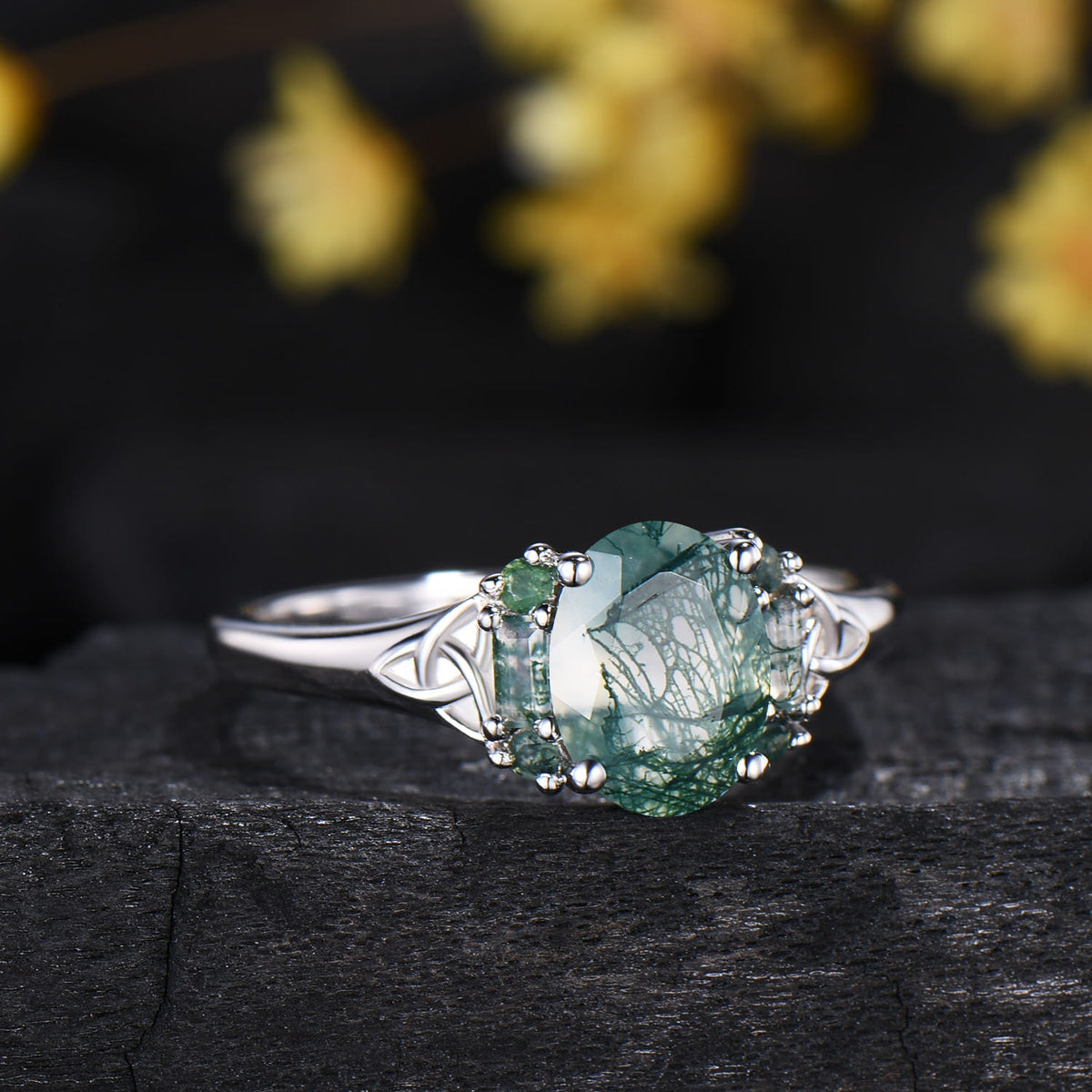 Unique Celtic Knot Oval Cut Natural Moss Agate Engagement Ring Unique Norse Viking Cluster Baguette Amethyst Wedding Ring Anniversary gifts