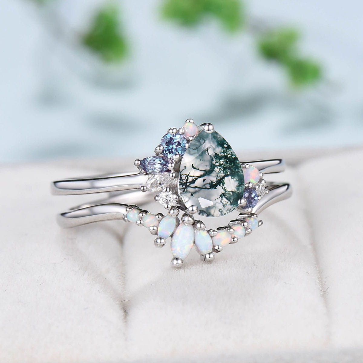 Vintage Pear moss agate ring set white gold silver unique agate engagement ring cluster alexandrite wedding ring set opal stacking band - PENFINE