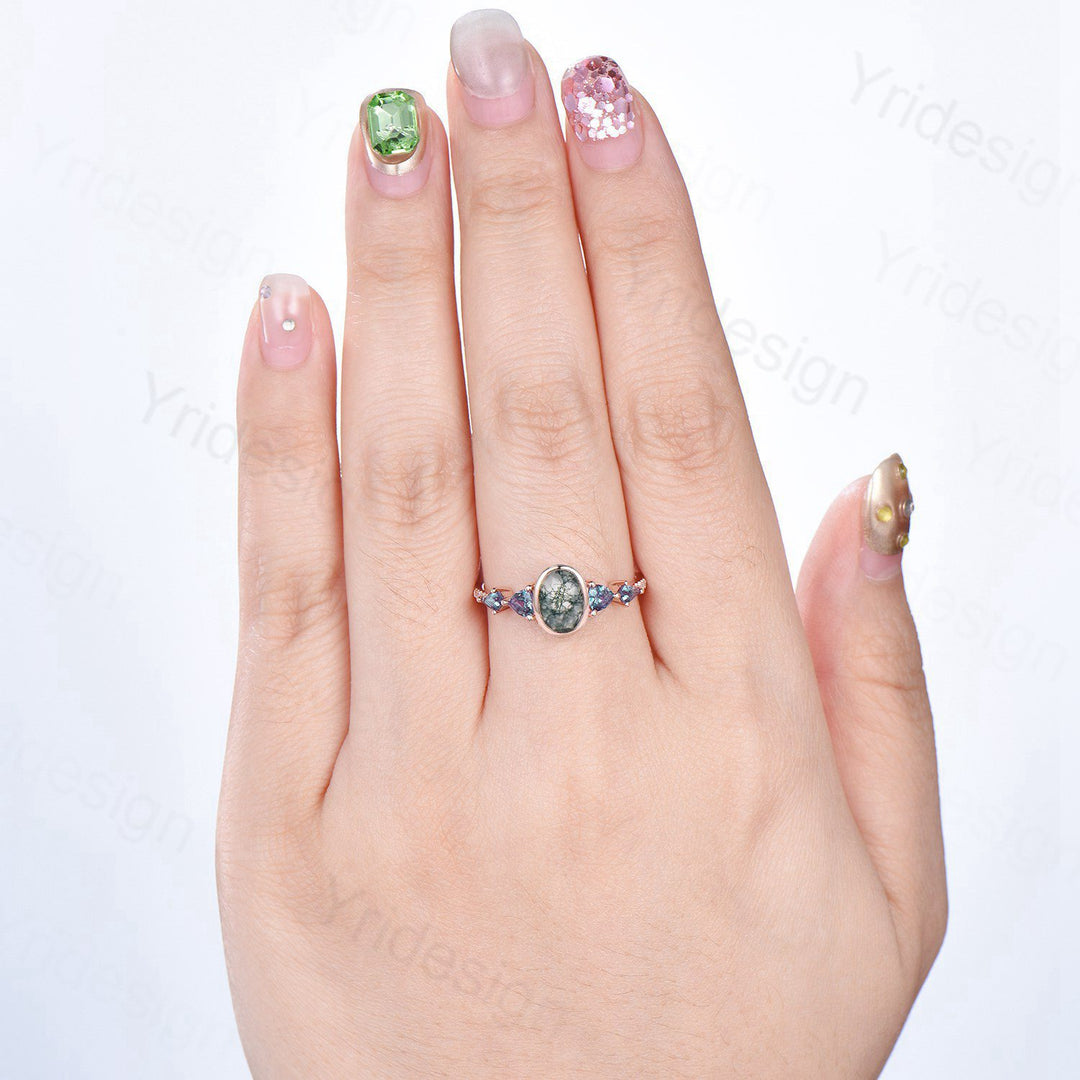 Vintage Bezel Set Oval Moss Agate Engagement Ring | Five Stone Alexandrite Accents - PENFINE
