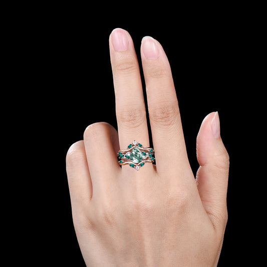 Pear Cut Moss Agate Engagement Ring Set Rose Gold Emerald Cluster Enhancer Bridal Set