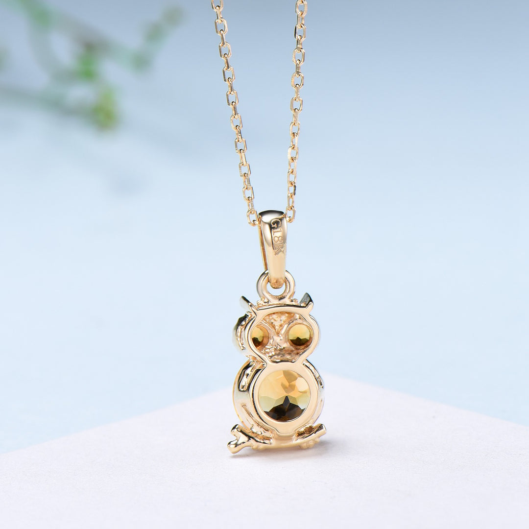 Unique Cute Owl Natural Citrine Wedding Necklace Sterling Silver Yellow Gold Mother's Pendant Animal Inspired Anniversary Gift for Daughter - PENFINE