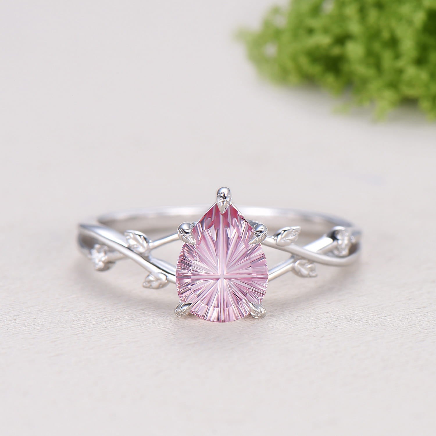 New Starburst Cut Padparadscha Sapphire Engagement Ring Set: Nature Inspired Leaf Twig Bridal Set