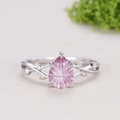 New Starburst Cut Padparadscha Sapphire Engagement Ring Set: Nature Inspired Leaf Twig Bridal Set