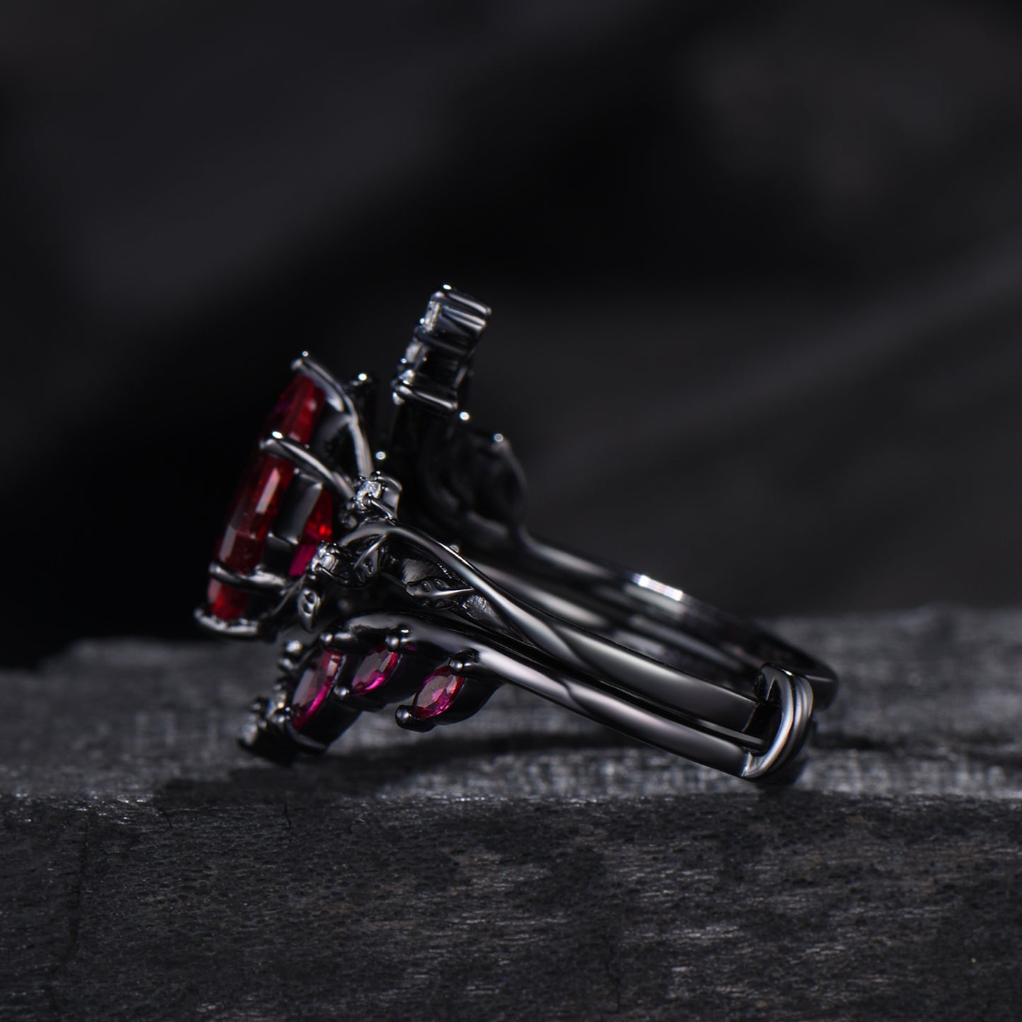 Unique gothic kite cut ruby engagement ring set black gold cluster engagement ring leaf branch nature inspired marquise ruby wedding set