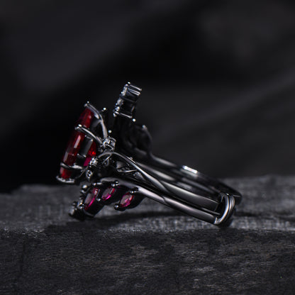 Unique gothic kite cut ruby engagement ring set black gold cluster engagement ring leaf branch nature inspired marquise ruby wedding set