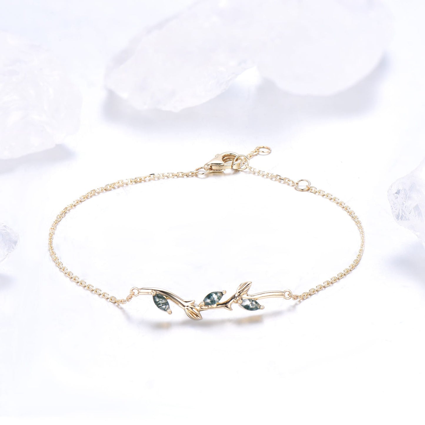 Dainty marquise cut moss agate bracelet leaf vine branch green crystal leaves bracelet nature inspired Stackable Bracelet anniversary gift - PENFINE