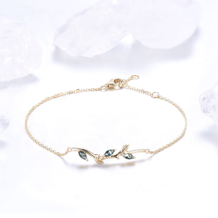 Dainty marquise cut moss agate bracelet leaf vine branch green crystal leaves bracelet nature inspired Stackable Bracelet anniversary gift - PENFINE