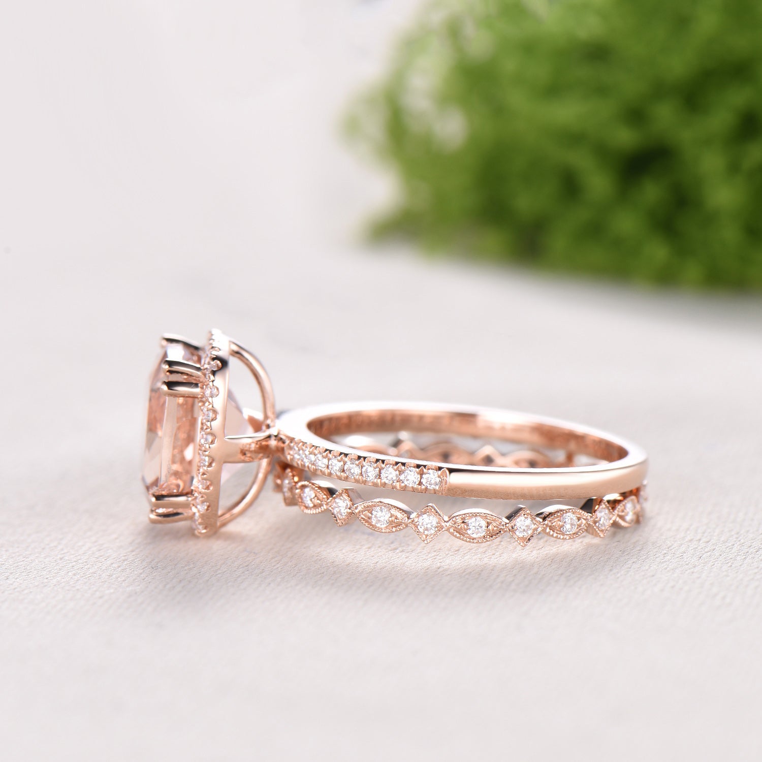 3ct cushion cut natural morganite engagement ring set Vintage 14k rose gold bridal ring set Full eternity Milgrain matching band - PENFINE
