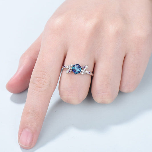 Vintage alexandrite engagement ring crescent moon hexagon cut color change promise ring Unique cluster star amethyst anniversary ring Women - PENFINE