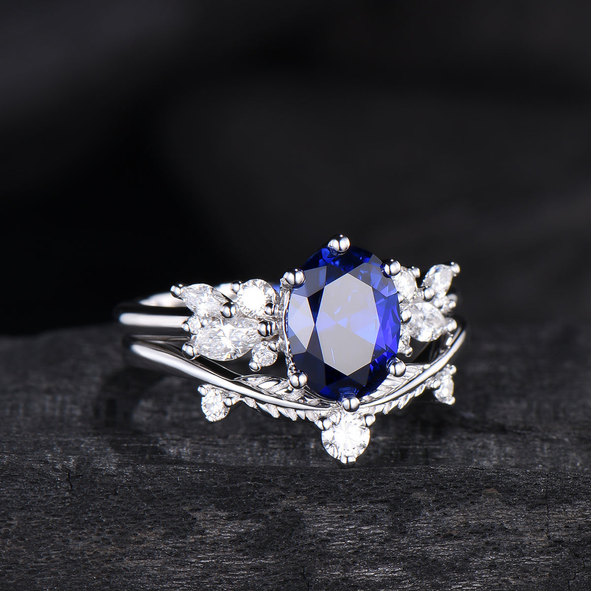 Oval Sapphire Wedding Ring Set Rose Gold Sapphire Diamond Engagement Ring Set Vintage Leaf Stacking Ring Natural Inspired Promise Ring - PENFINE