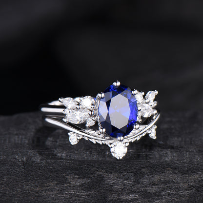 Oval Sapphire Wedding Ring Set Rose Gold Sapphire Diamond Engagement Ring Set Vintage Leaf Stacking Ring Natural Inspired Promise Ring - PENFINE