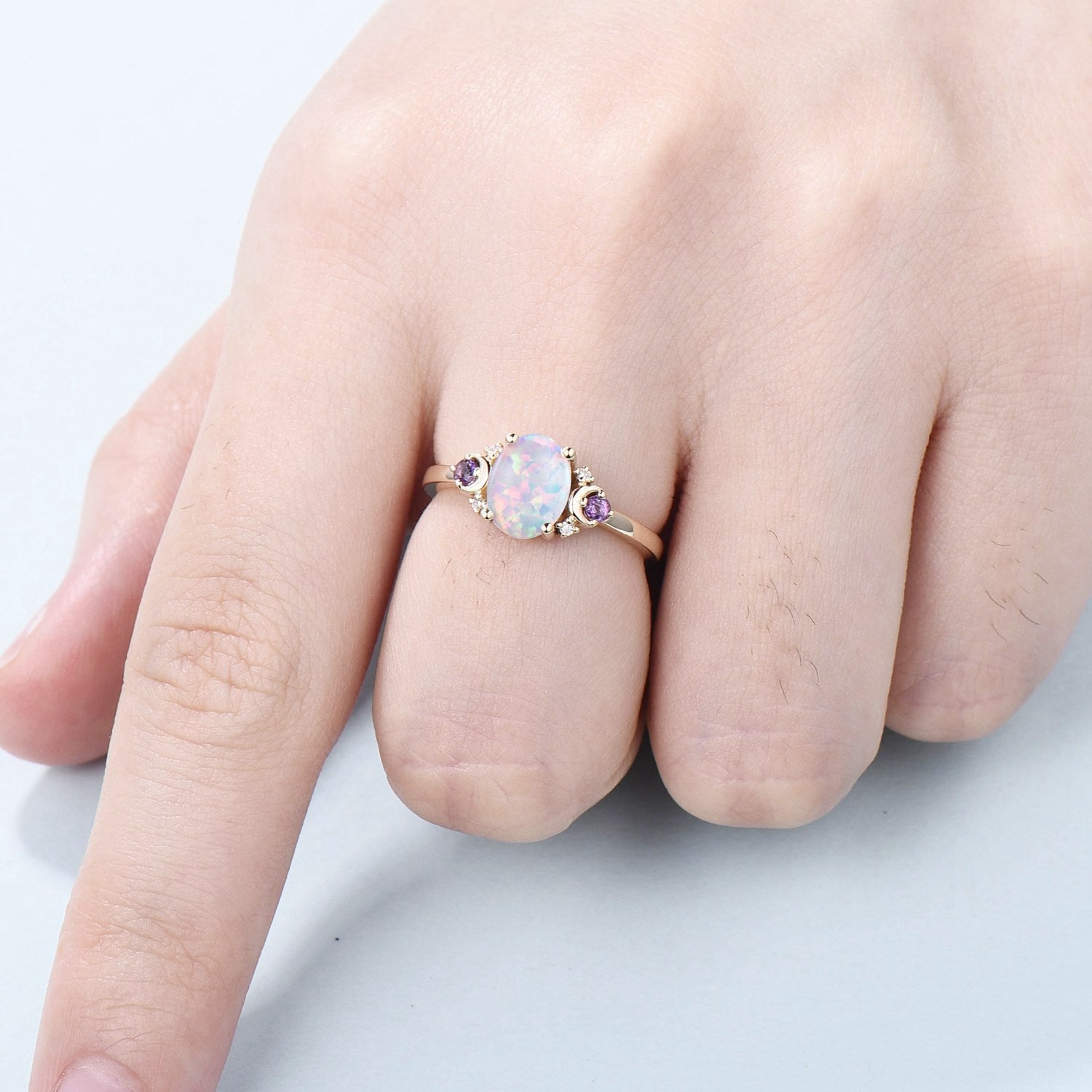 Vintage Opal Engagement Ring Rose Gold Unique Nature Inspired Moon Amethyst Ring Unique Alternative October birthstone Wedding Ring Women - PENFINE