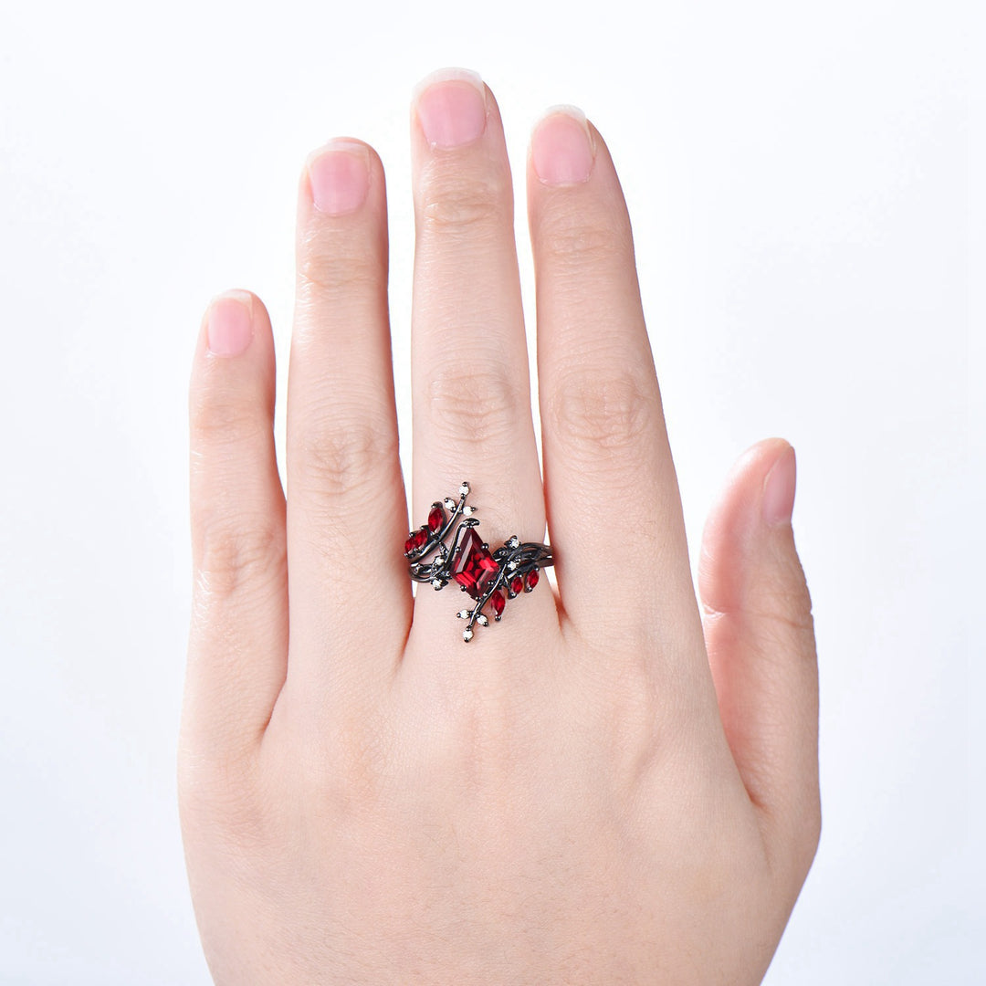 Nature inspired Kite cut ruby ring set black gold leaf gothic engagement ring  -knight - PENFINE