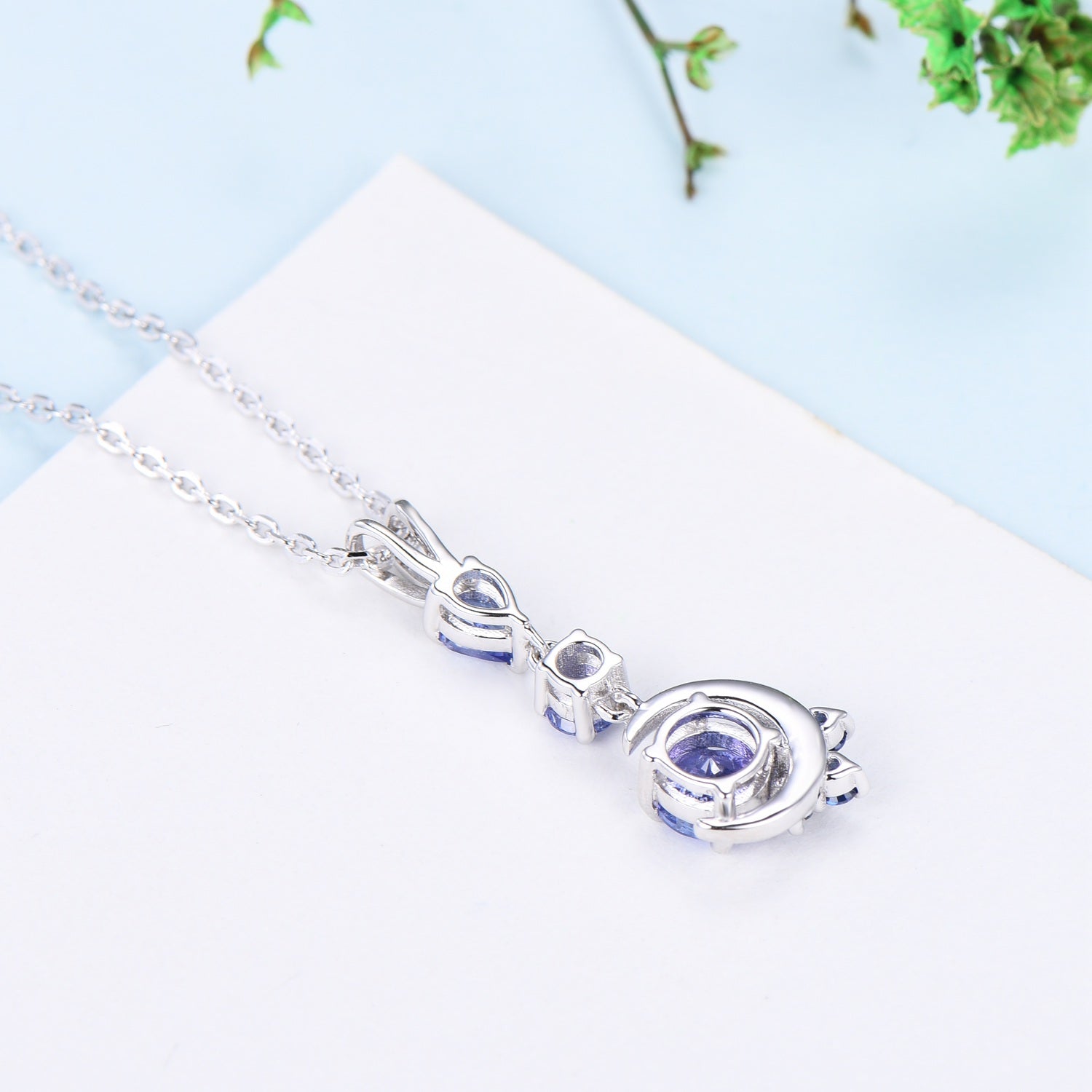 Unique Crescent Moon Tanzanite Necklace Elegant Cluster Sapphire Pendant Necklace 14k/18k White gold silver necklace promise gift for women - PENFINE