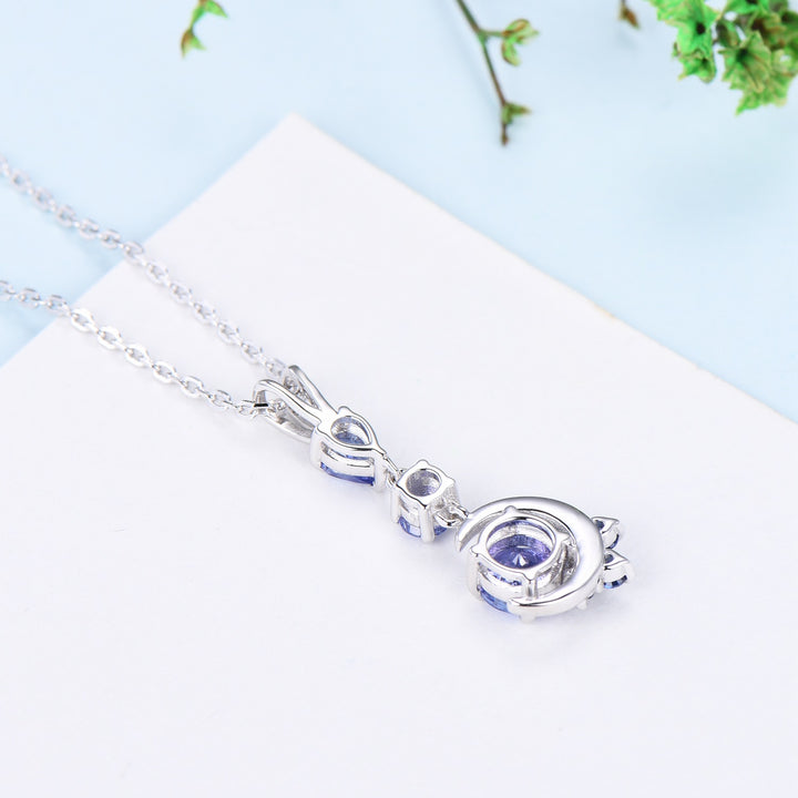 Unique Crescent Moon Tanzanite Necklace Elegant Cluster Sapphire Pendant Necklace 14k/18k White gold silver necklace promise gift for women - PENFINE