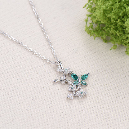 Emerald Green Crystal Butterfly Necklace, Floral Branch Pendant - PENFINE