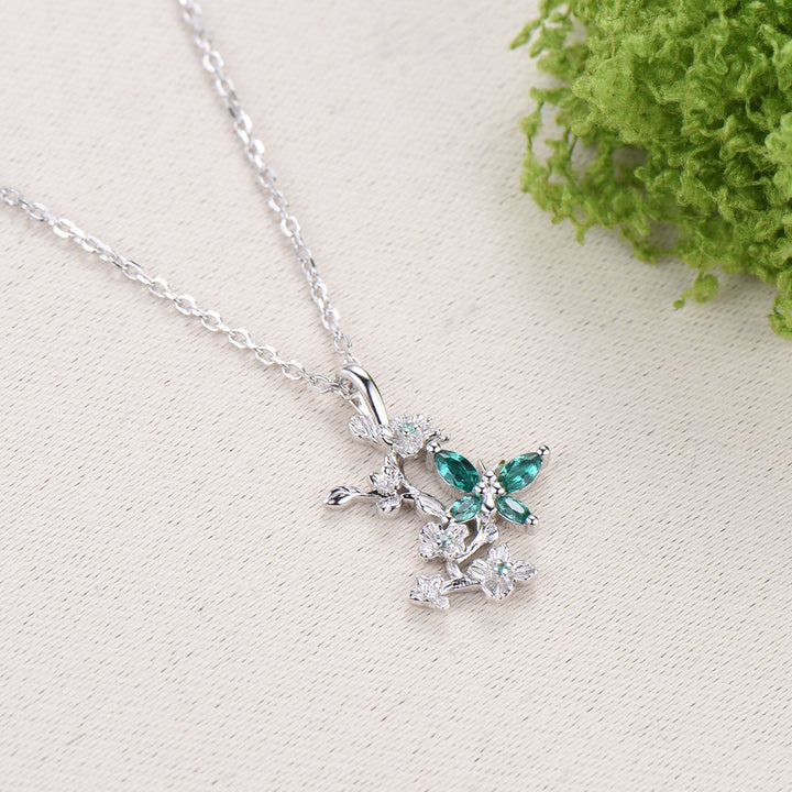 Emerald Green Crystal Butterfly Necklace, Floral Branch Pendant - PENFINE