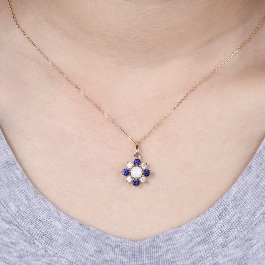 Vintage Opal Sapphire Pendant Necklace, Silver Rose Gold & Moissanite Accent Floral Style