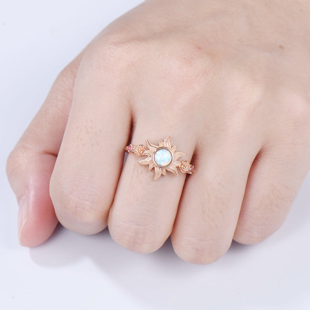 Sunflower ring round fire opal engagement ring nature inspired pink tourmaline wedding ring vintage flower anniversary promise ring for wife - PENFINE