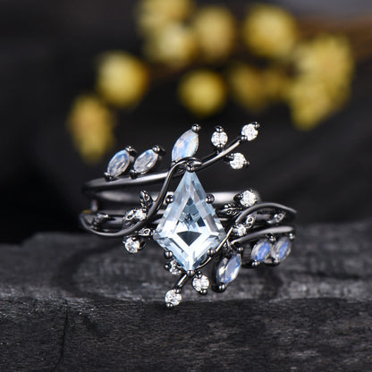 Gothic Aquamarine ring set Unique 7x10mm kite cut aquamarine engagement ring set black gold marquise moonstone nature inspired wedding set