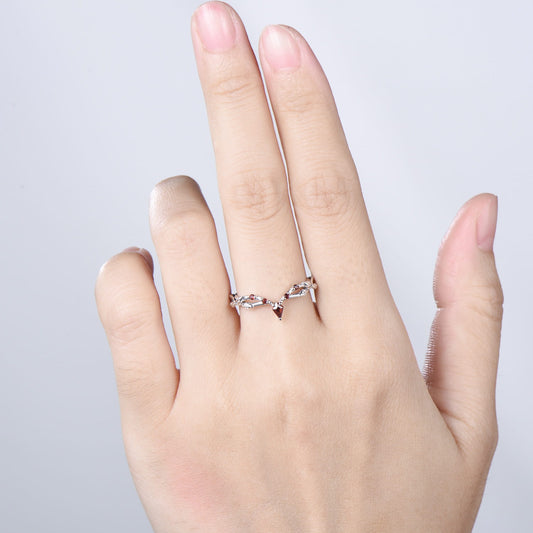 Vintage Curved Garnet Wedding Band Split Shank Promise Ring Leaf Vine January Birthstone Stackable Matching Band Evil Eye Wedding Ring Women