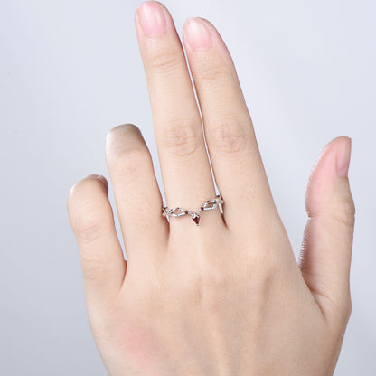 Vintage Curved Garnet Wedding Band Split Shank Promise Ring Leaf Vine January Birthstone Stackable Matching Band Evil Eye Wedding Ring Women