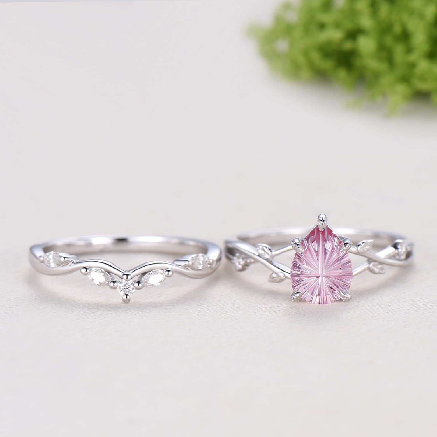 New Starburst Cut Padparadscha Sapphire Engagement Ring Set: Nature Inspired Leaf Twig Bridal Set