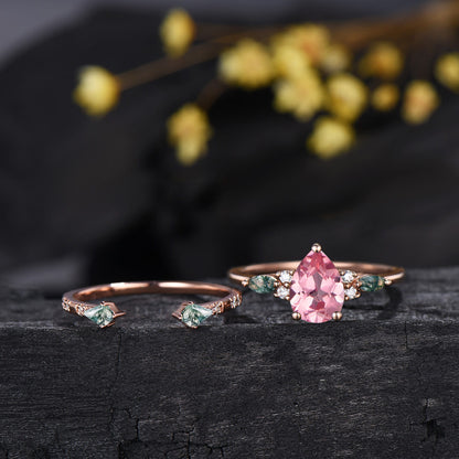 1.25 CT Pear Shaped Padparadscha Sapphire Engagement Ring Set, Cluster Kite & Marquise Moss Agate