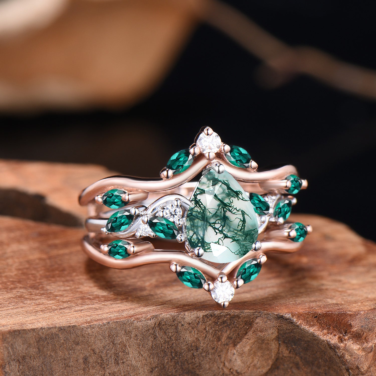 Pear Cut Moss Agate Engagement Ring Set Rose Gold Emerald Cluster Enhancer Bridal Set