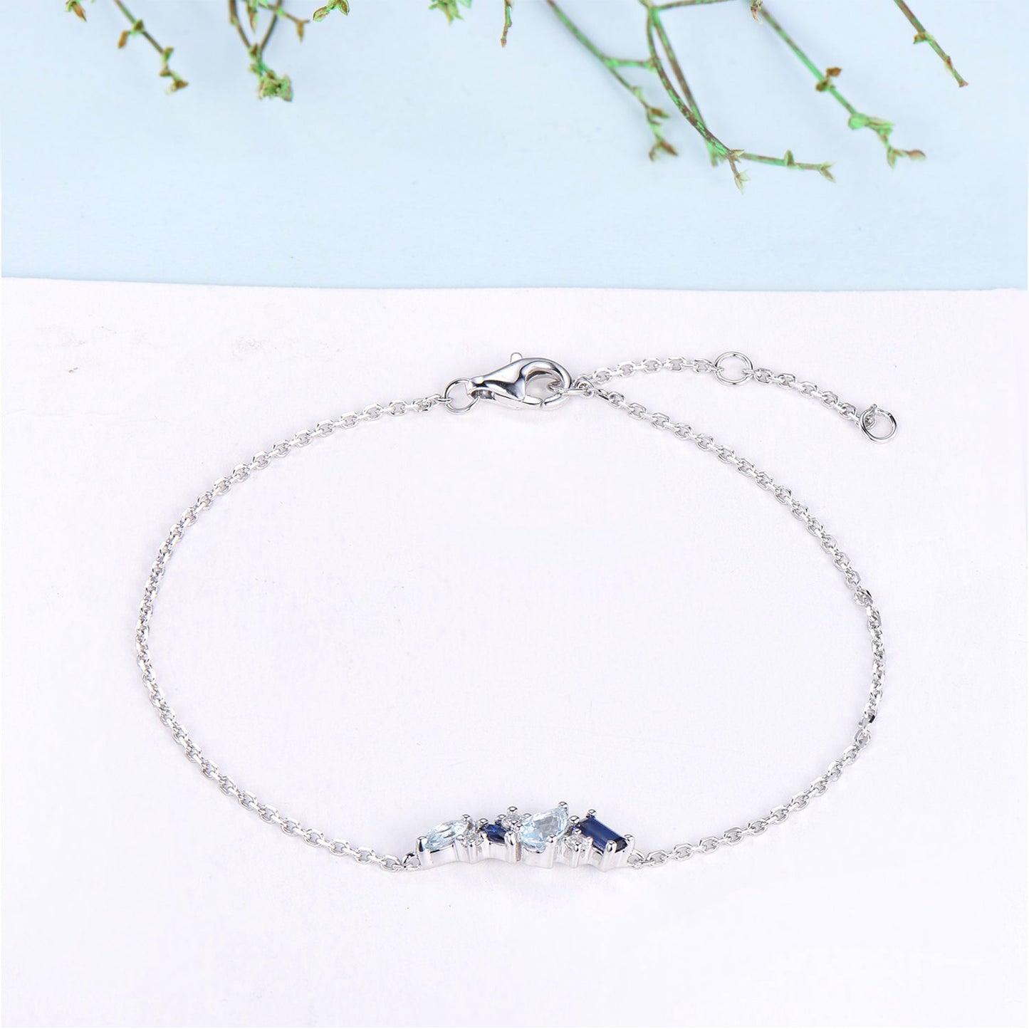 Elegant Pear Shaped Aquamarine Bracelet Multi-Stone Baguette Blue Sapphire Lobster Claw Bracelet Silver Gold Art Deco Anniversary Gift Women - PENFINE