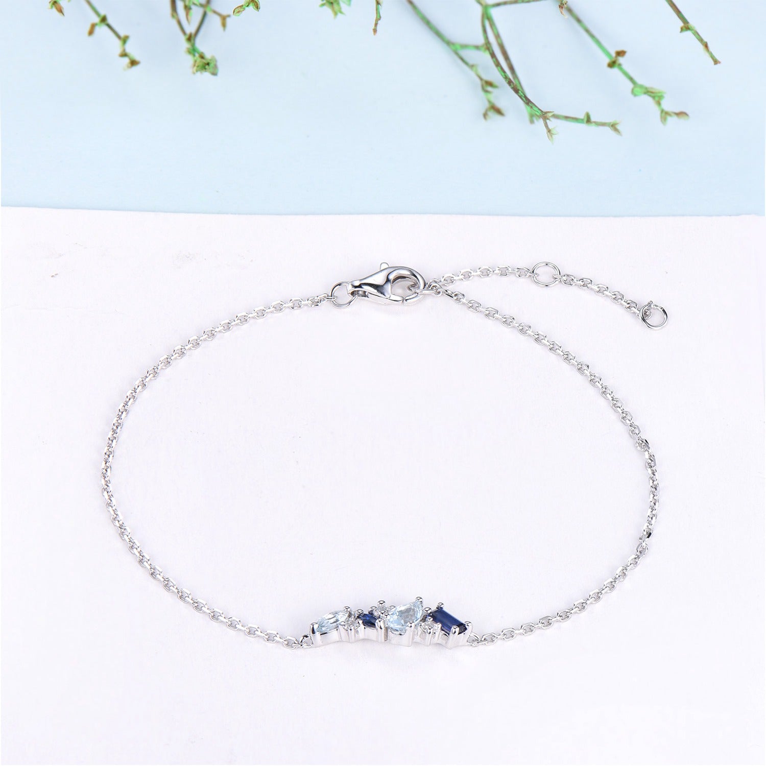 Elegant Pear Shaped Aquamarine Bracelet Multi-Stone Baguette Blue Sapphire Lobster Claw Bracelet Silver Gold Art Deco Anniversary Gift Women - PENFINE