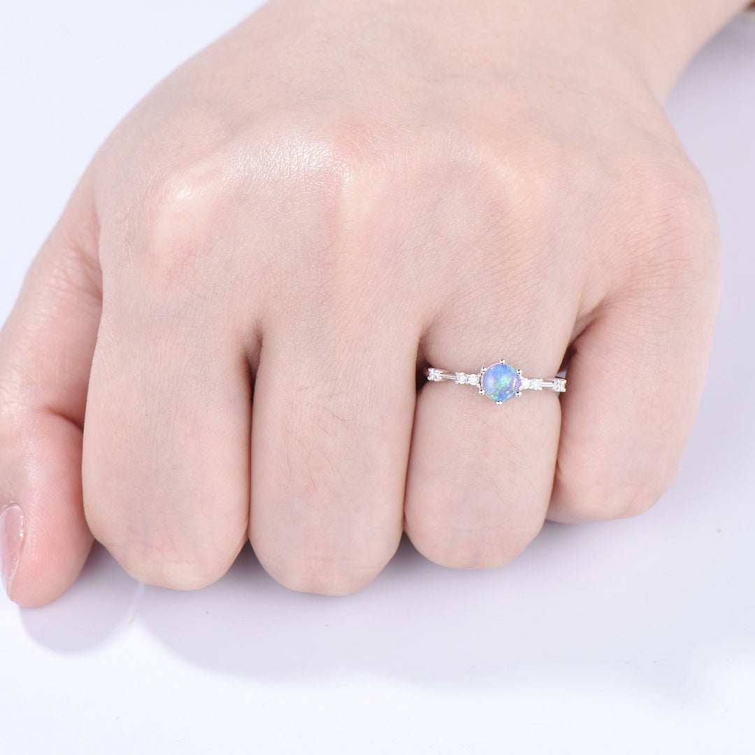 Dainty Natural Fire Opal Ring Natural Inspired White Opal Diamond Engagement Ring White Gold Minimalist Bridal Anniversary Ring for Women - PENFINE