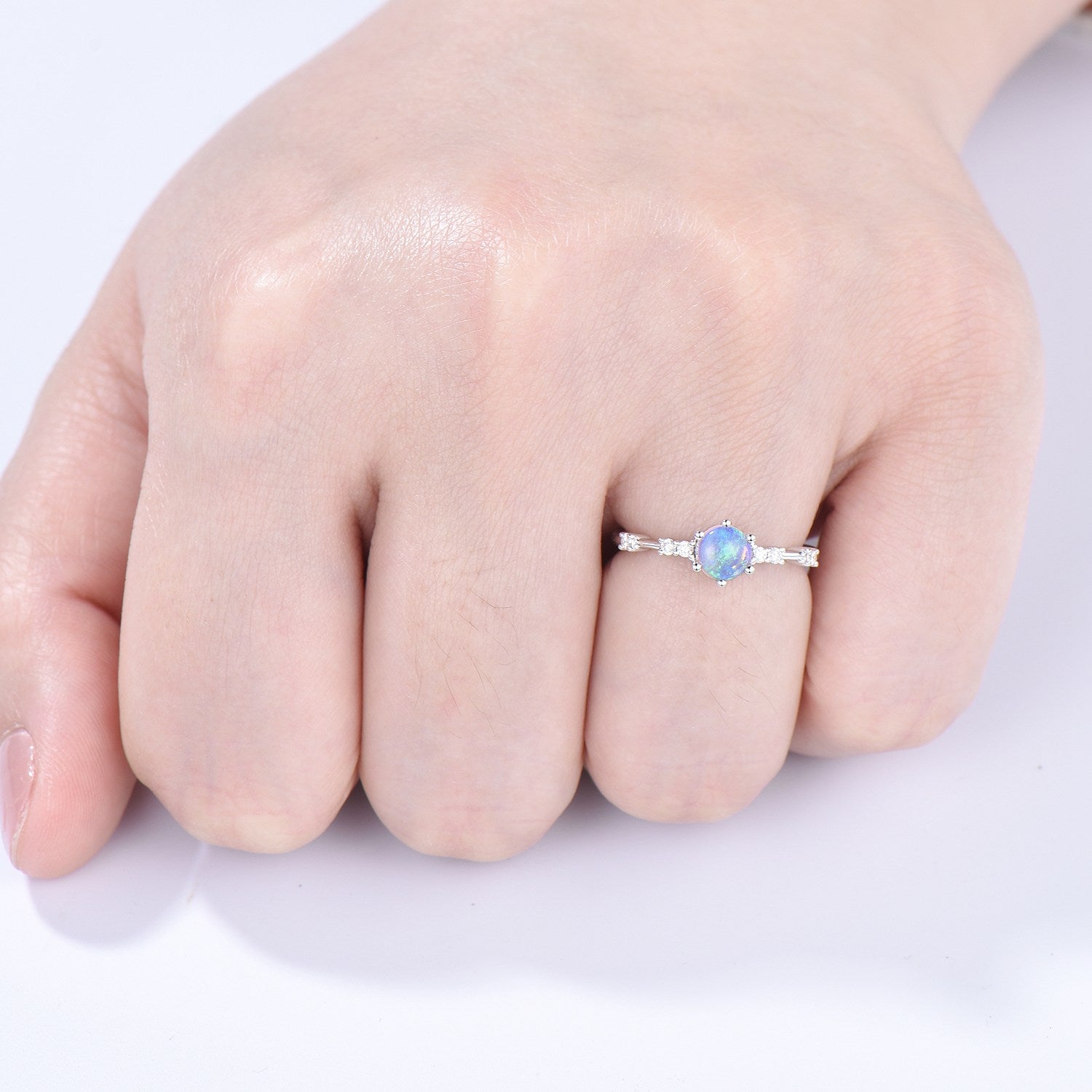 Dainty Natural Fire Opal Ring Natural Inspired White Opal Diamond Engagement Ring White Gold Minimalist Bridal Anniversary Ring for Women - PENFINE