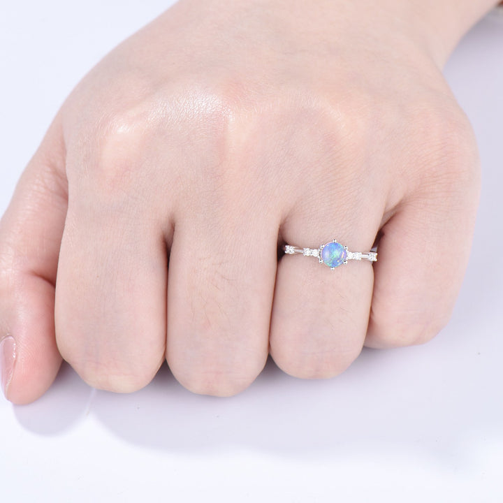 Dainty Natural Fire Opal Ring Natural Inspired White Opal Diamond Engagement Ring White Gold Minimalist Bridal Anniversary Ring for Women - PENFINE